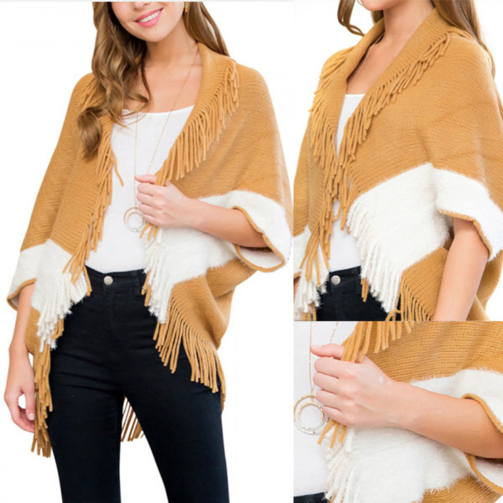 Khaki Fringe Cardigan, Fringe Sweater Poncho Top